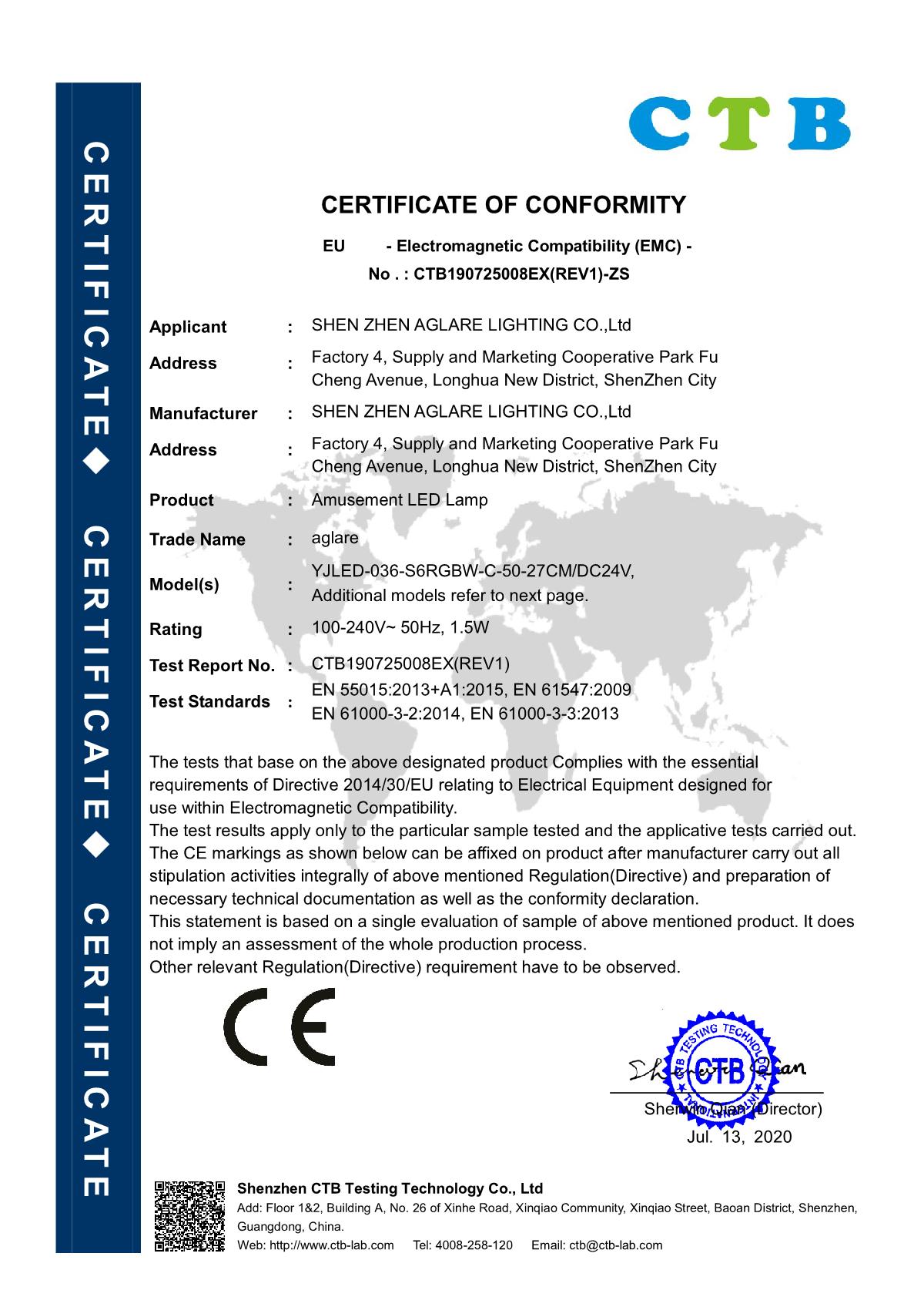 Aglare Lighting Amusement LED Lamp-CE EMC  certificate
