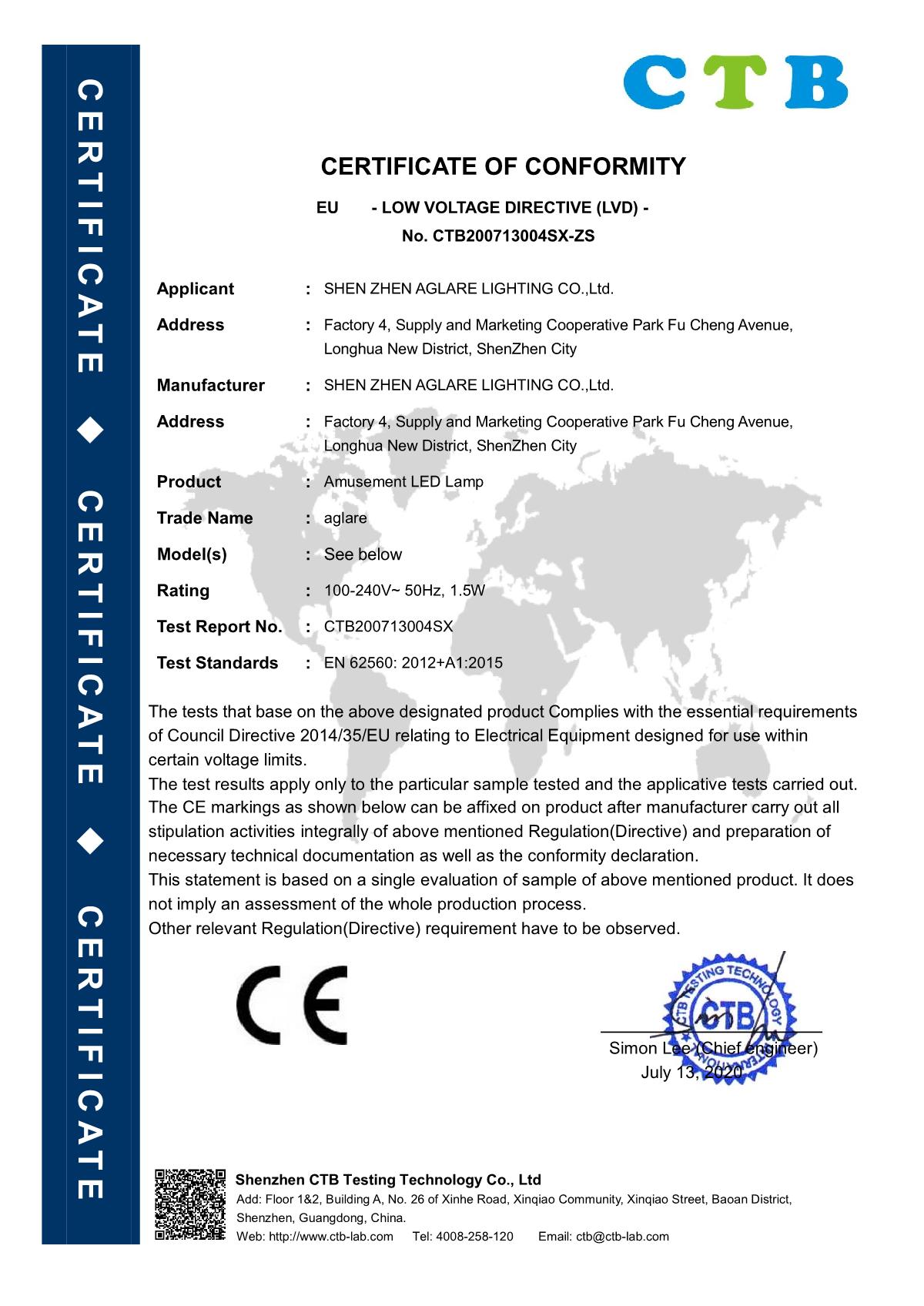 Aglare Lighting Amusement LED Lamp-CE -LVD certificate
