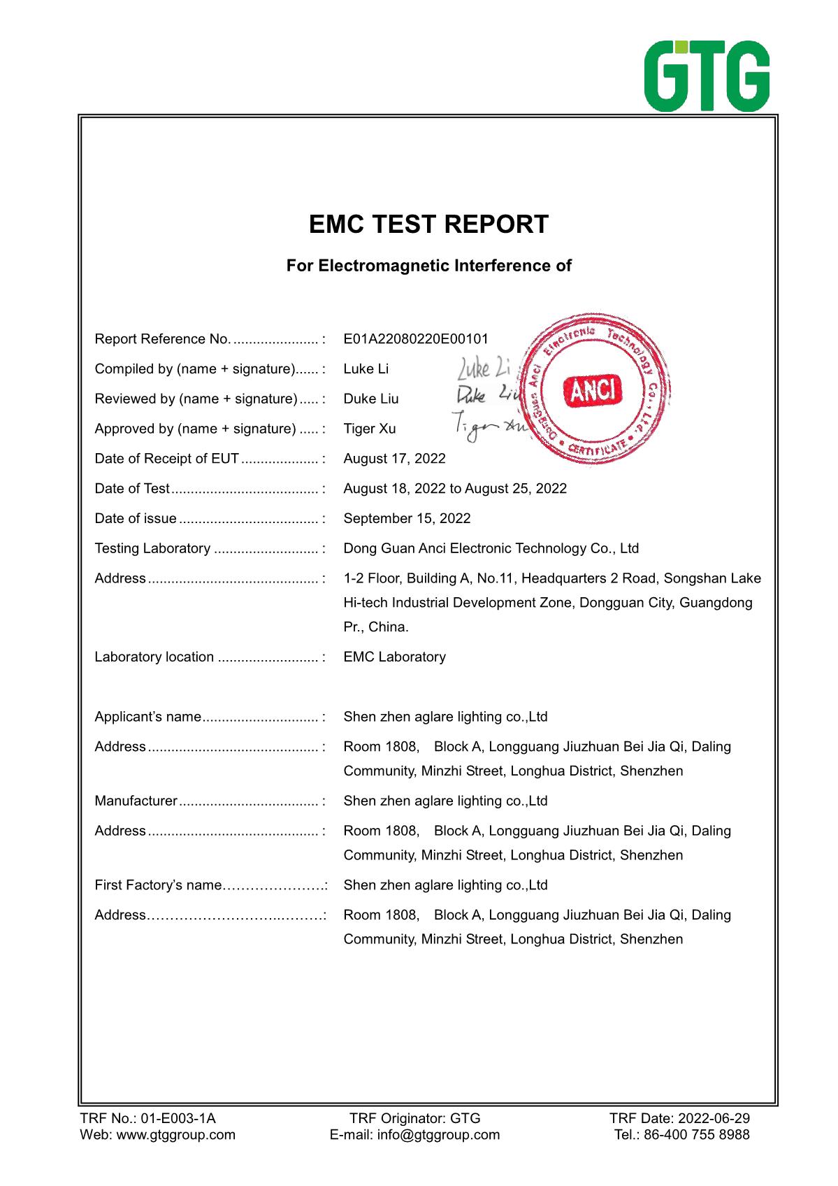 Aglare Lighting RGB led floodlight(TEST REPORT)-CE-EMC