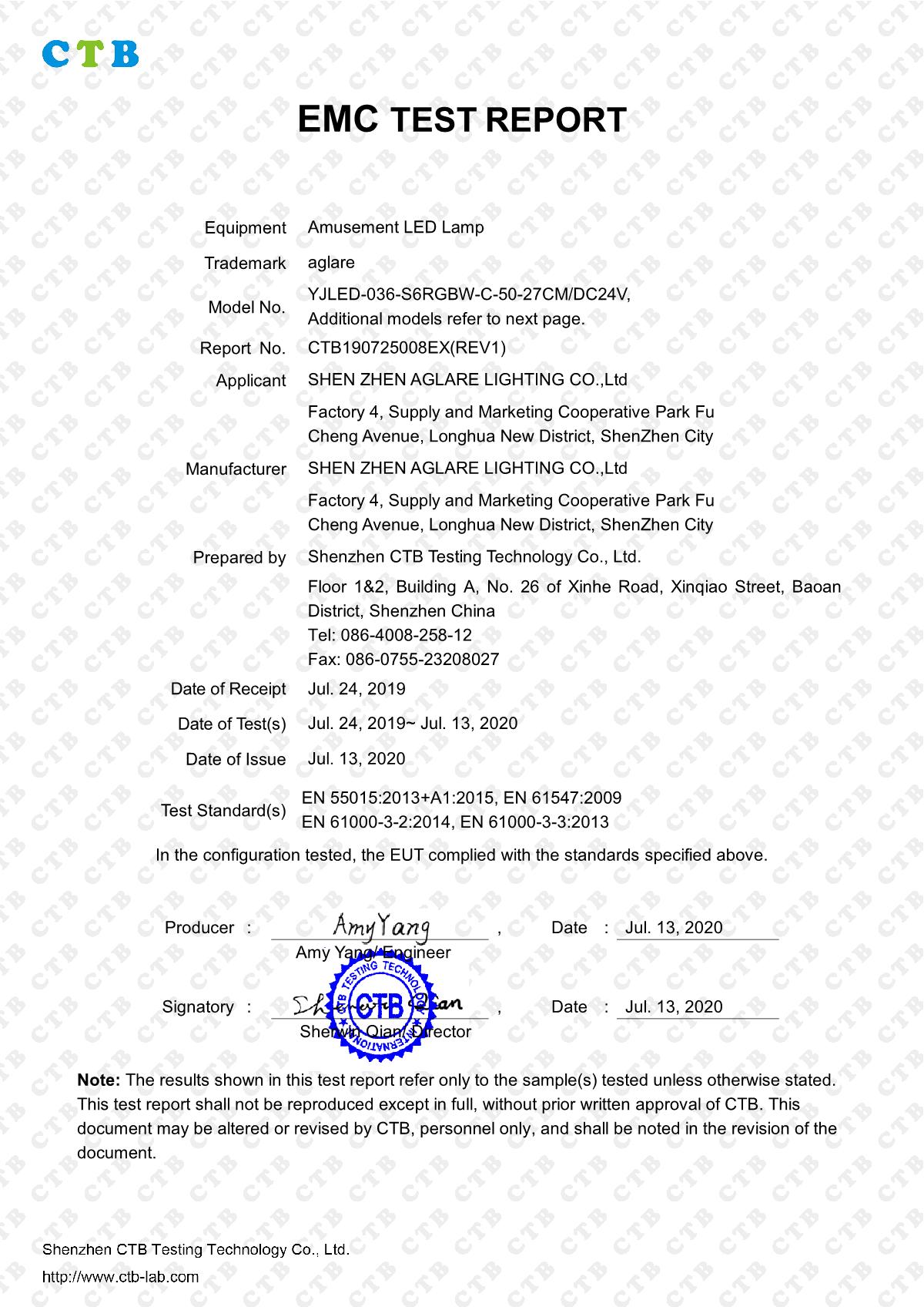 Aglare Lighting Amusement LED Light (TEST REPORT)-CE-EMC