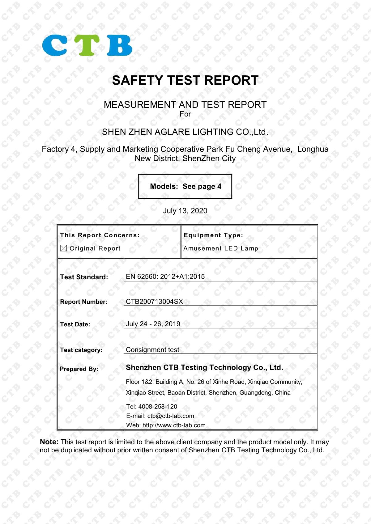 Aglare Lighting Amusement LED Lights (TEST REPORT)-CE-LVD