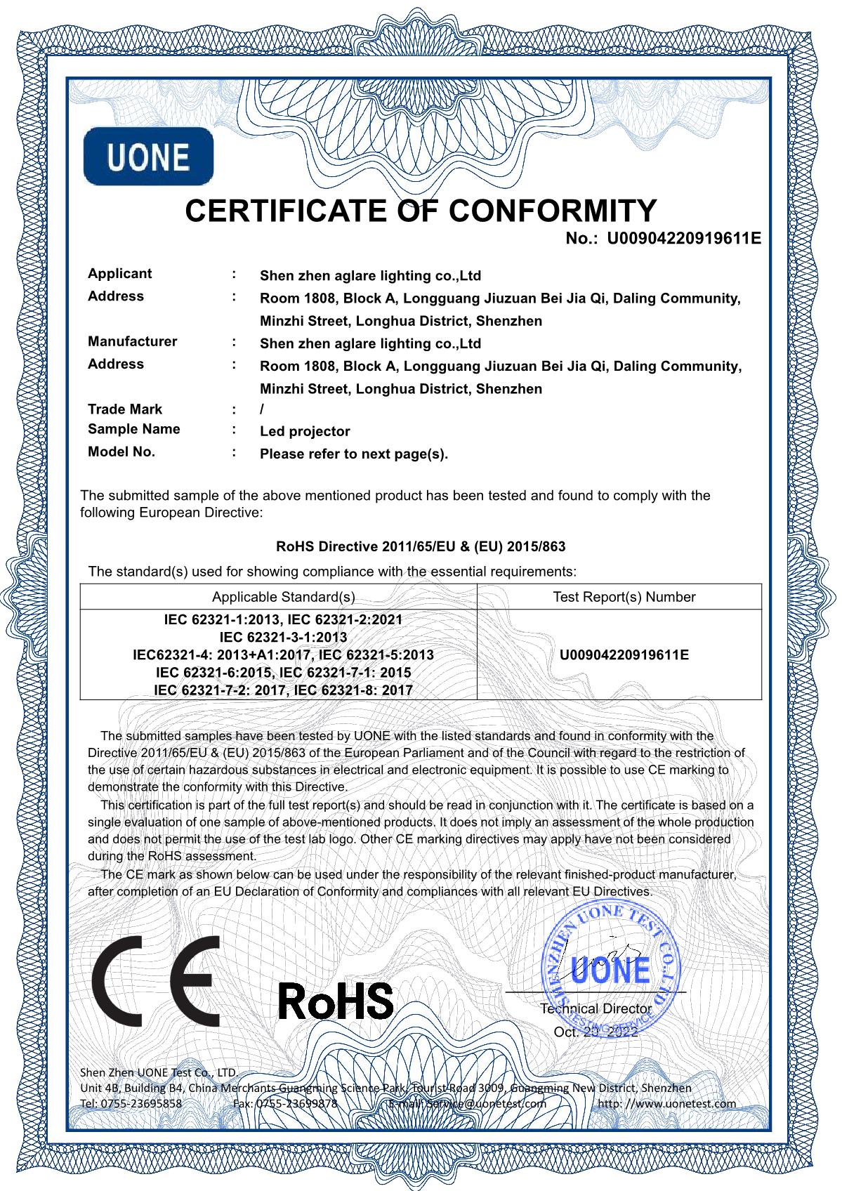 Aglare Lighting RGB led floodlight RoHS Certification