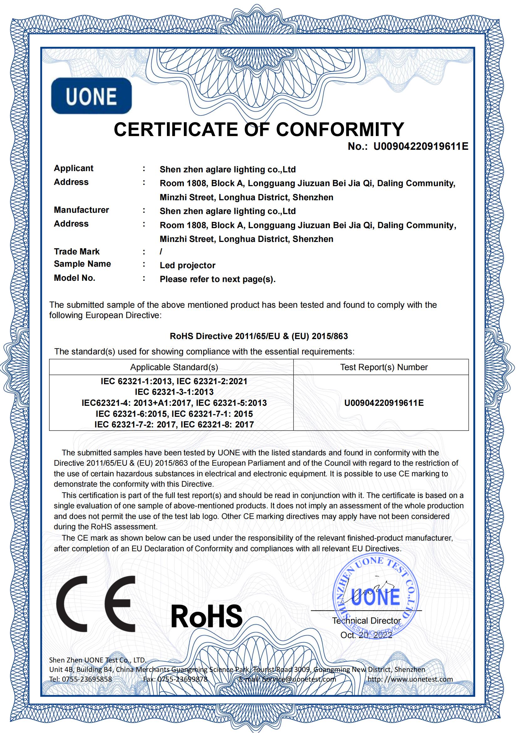 Aglare RGB flood lights pass ROHS certification Successfully!