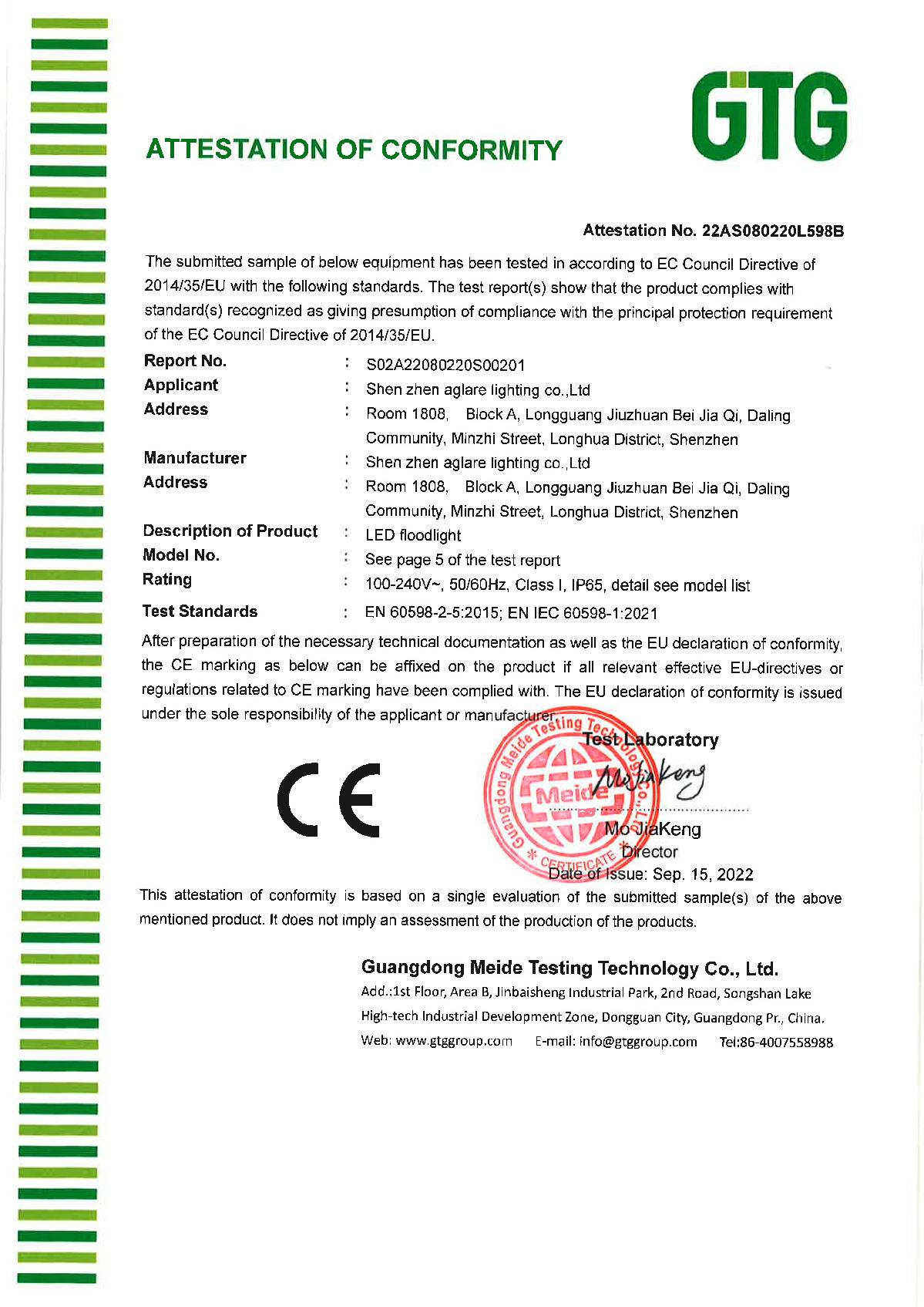 IEC 60598-2-5 ATTESTATION OF CONFORMITY Flood Light