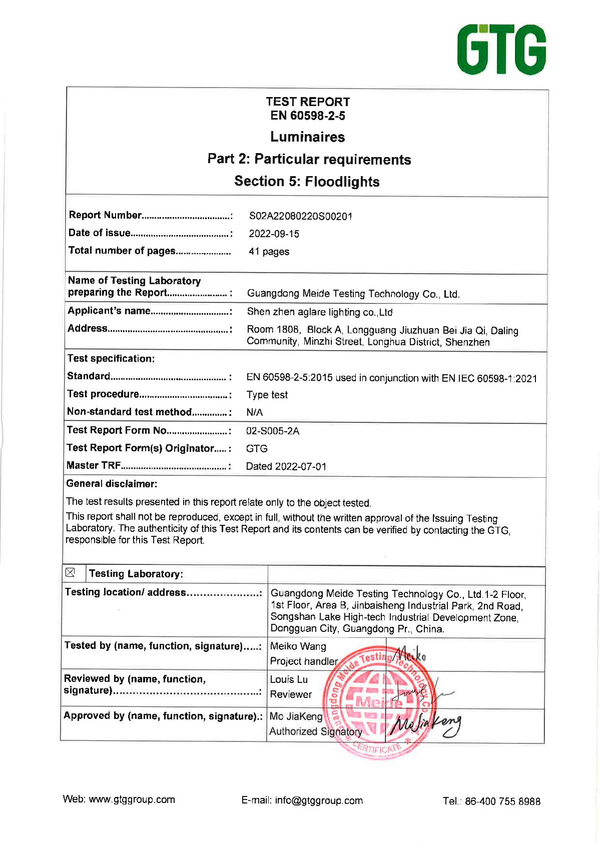 IEC 60598-2-5 TEST REPORT for Aglare flood light