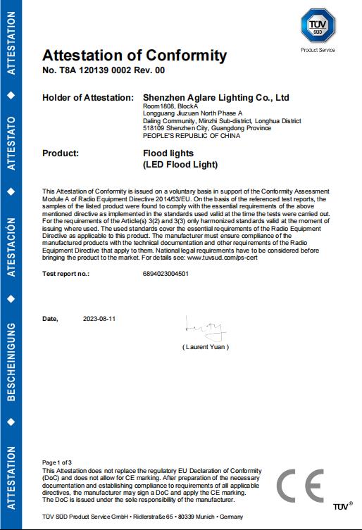 Aglare lighting Passed LED Flood Light TUV CE(EMC) Certification Successfully!