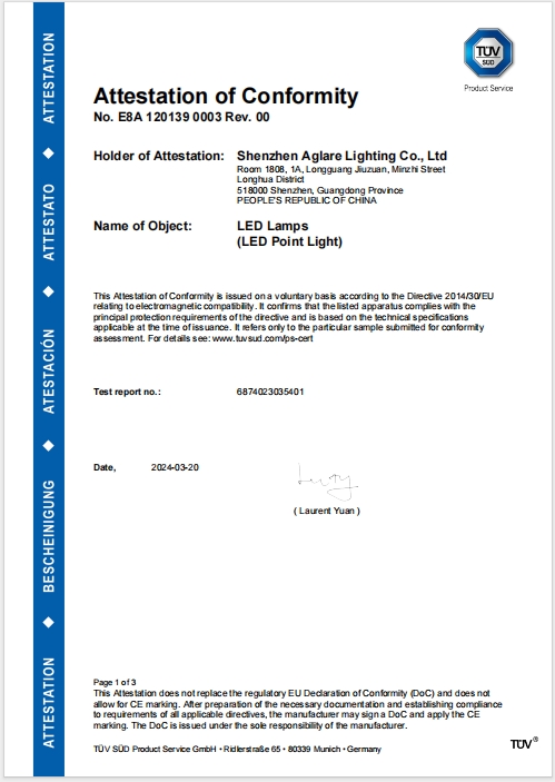 Aglare lighting LED Point Light TUV-CE-EMC Certification