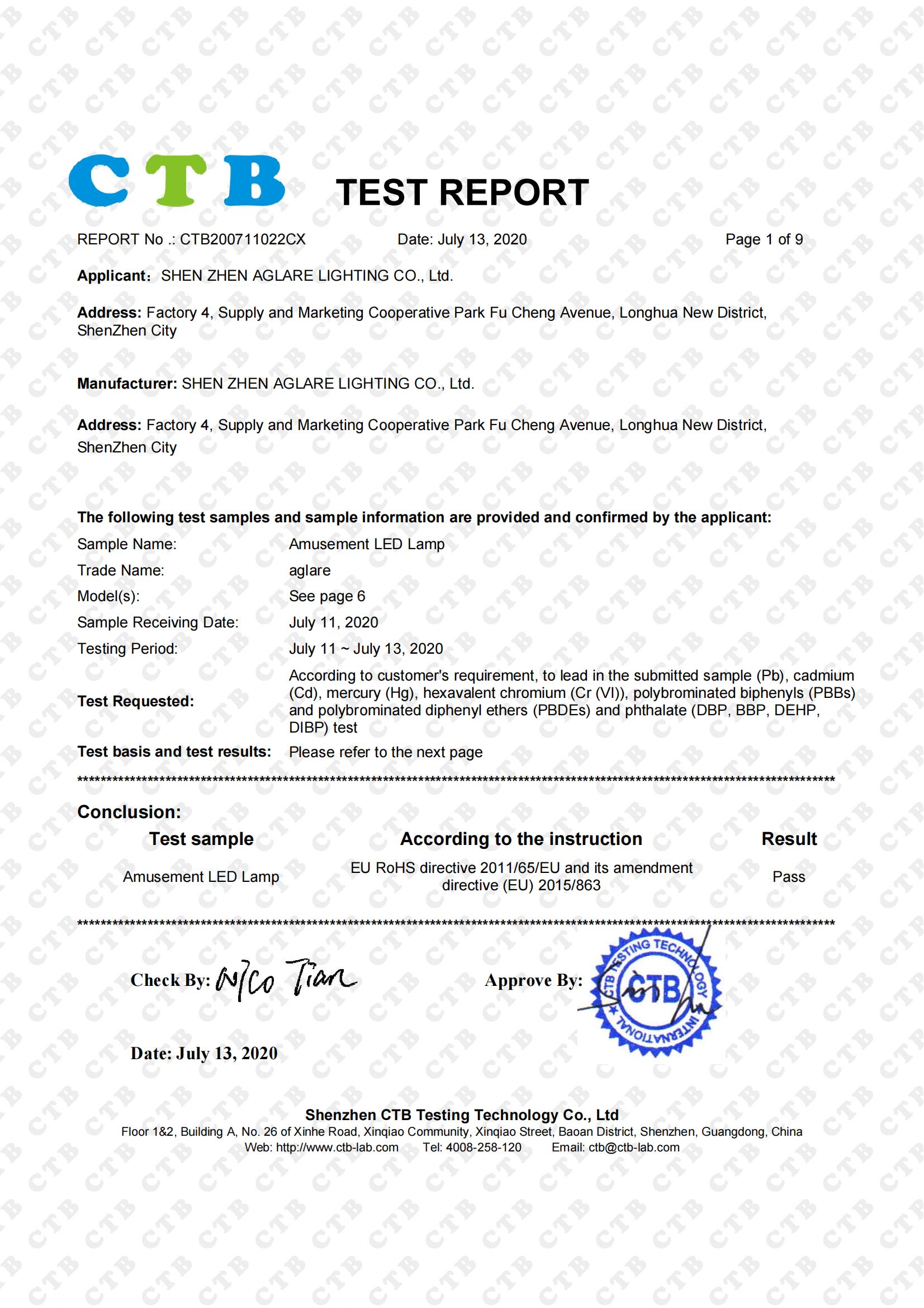 Aglare Lighting Amusement LED Lamp(TEST REPORT)-RoHS