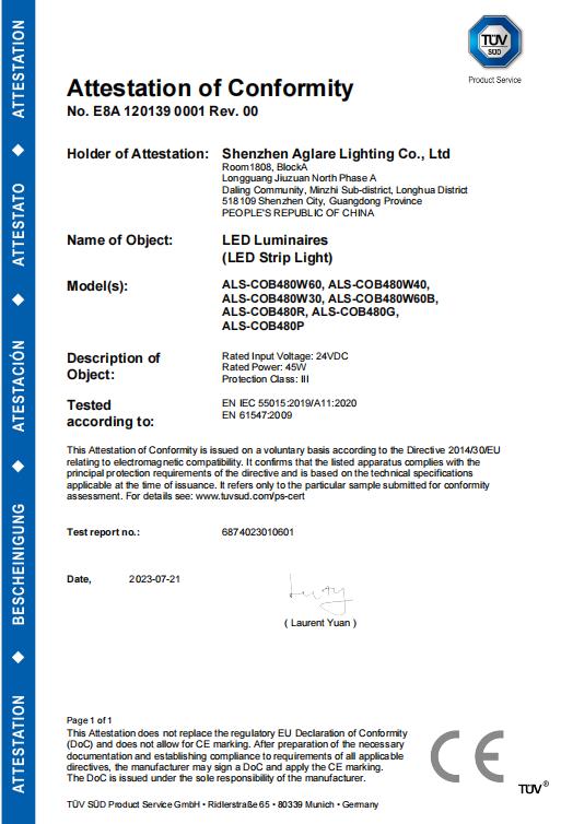 Aglare lighting Passed COB LED Strip Light TUV CE(EMC) Certification Successfully!
