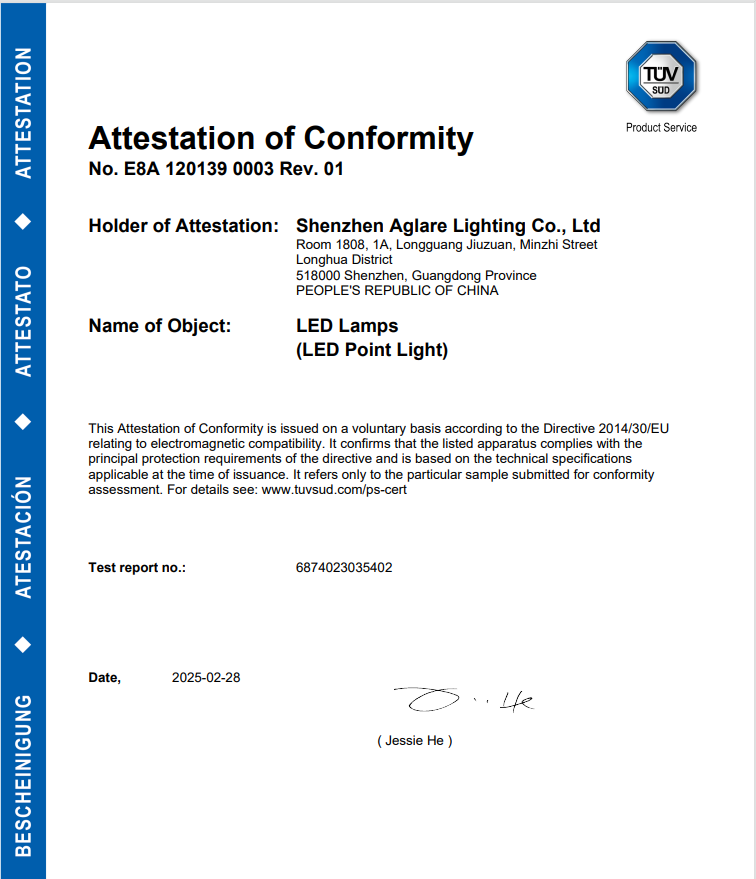 Aglare lighting Passed LED amusement Light TUV CE(EMC) Certification Successfully!