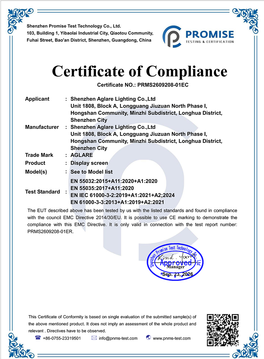 Aglare Lighting LED Display CE-EMC Test Report