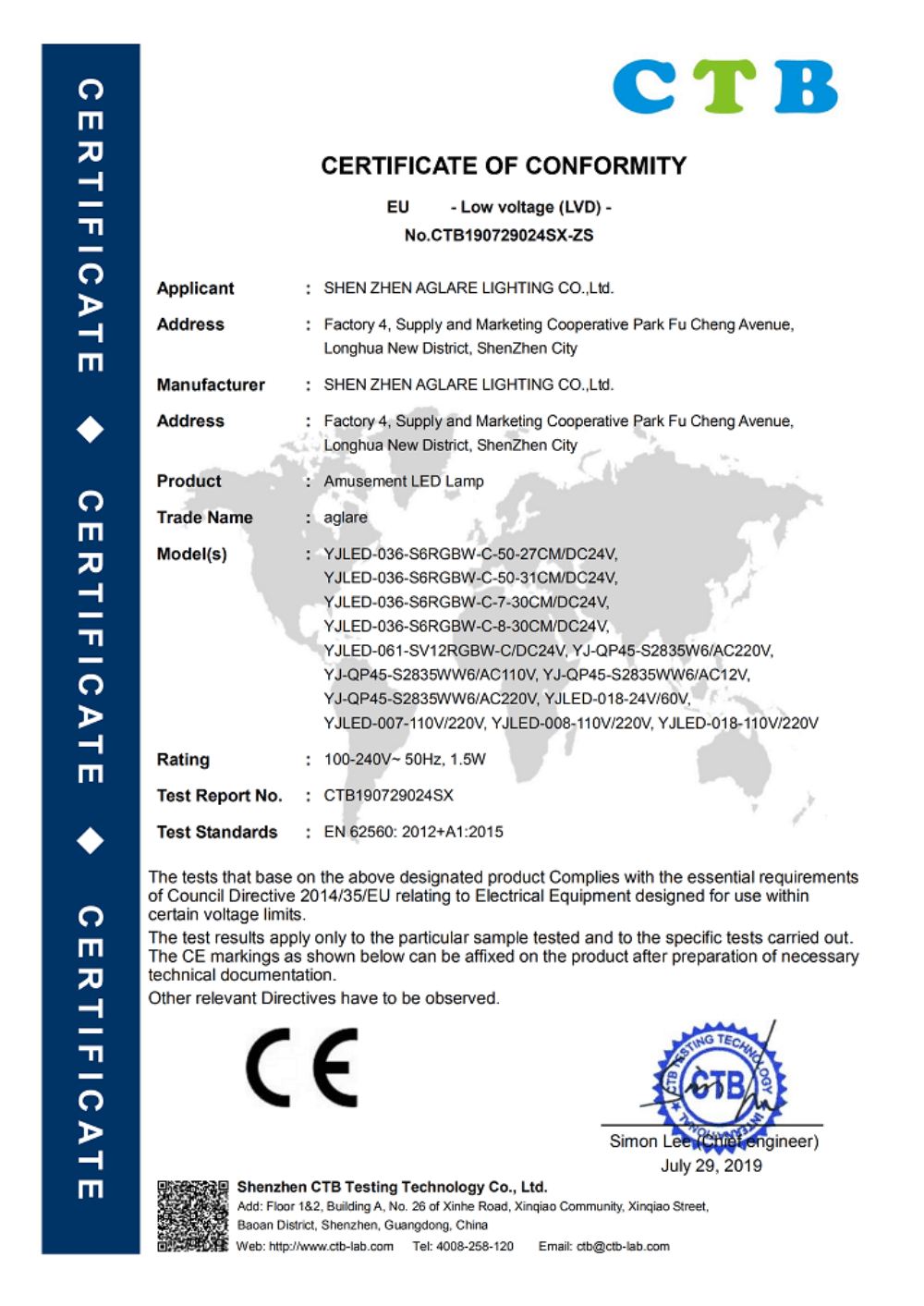 CE LVD certificate for Amusement Lighting at Aglare Lighting